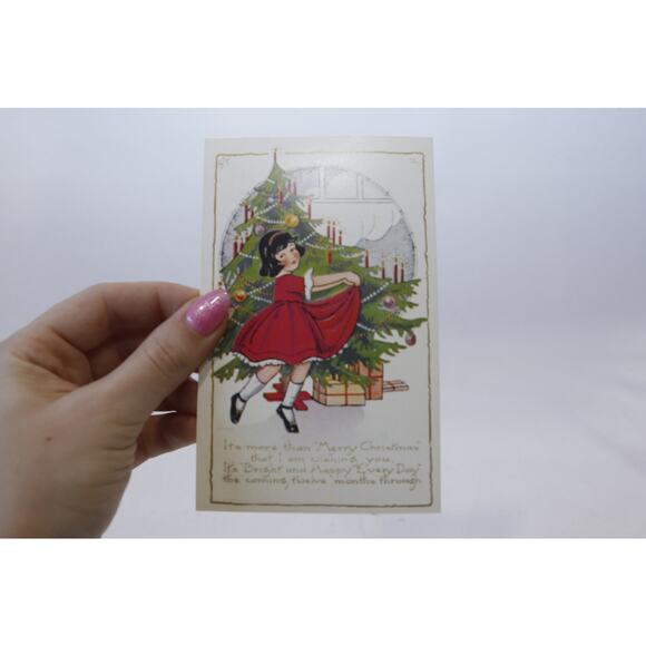 Girl Dancing by a Christmas Tree, Antique, Rare Postcard, Unused, Color Picture, - Picture 1 of 2